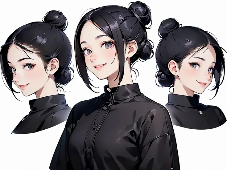 21 years old, Black-haired girl, (((Smiley Face, Flirting face, Excited face, Excited face, Scared face, Confused face)))  ((Bun hairstyle)) (((Detailed character list, Front view, side view, Three-quarter view))) (((White background)))