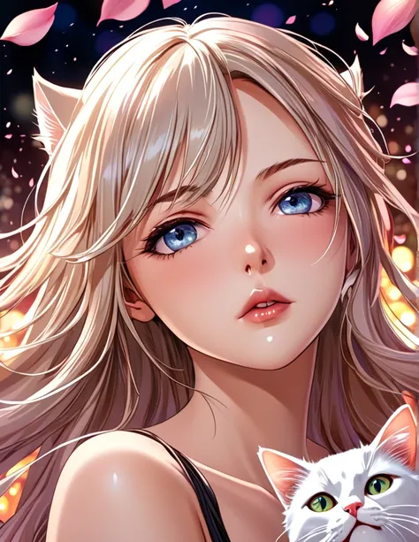 (Harem Manga style:1.2) , Hallucination, daydream , nightmare , Insane Dream , bokeh , erotica , romance ,  girl and realistic cat , Petals fluttering down , (Single eyelids, round nose, swollen cheeks) , glossy lips , Collarbone , Hair blowing in the wind...