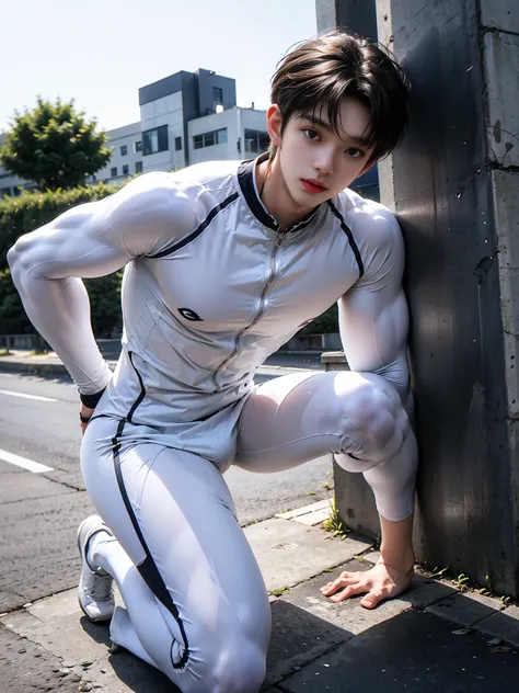 masterpiece,best quality, (A 16-year-old tall boy with a well-developed physique:1.2), (Kneeling upright on the roadside of the campus:1.2),（White tight cycling suit）,Broad shoulders,Muscular shoulders，（Extremely strong body），Attractive and fit body，Invert...