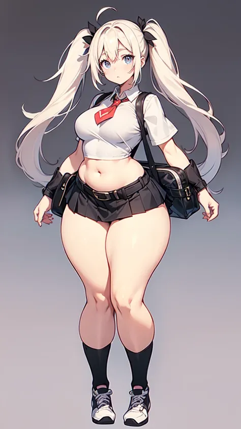 blank background, (((full body))), (masterpiece), ((best quality)), (very short girl), flat chest, short twintail, (wide hips:1.4), (thick thighs:1.4), (very short skirt), toeless footwear, belt below navel, fanny packs, bags