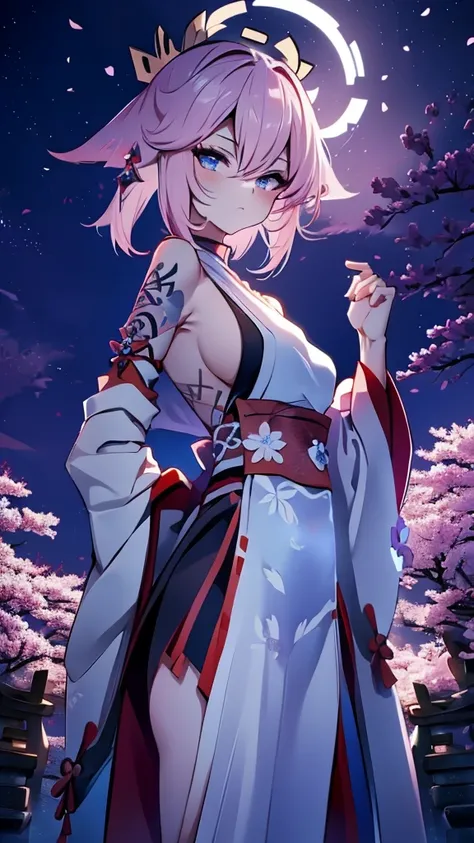 samurai girl with short hair and tattooed back who is using two katanas, with dark hair, with a white outfit showing her shoulder. with the image of destroyed Japanese temples with blue fire as a backdrop. Blue night sky full of stars, with pink Japanese c...