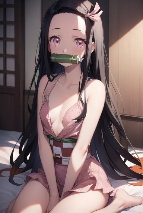 nezukokamado, nezuko kamado, bamboo, (bit gag:1.5), black hair, (forehead:1.5), gag, gagged, hair ribbon, long hair, multicolored hair, (pink eyes:1.5), orange hair, slit pupils, wavy hair, two-tone hair,
BREAK asa no ha (pattern), checkered sash, haori, 
...