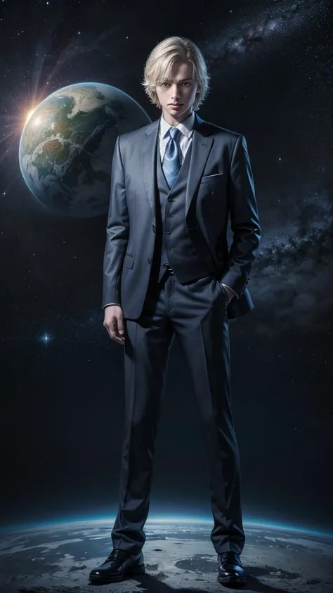 Astrophysicist utopian and perfect character on a background showing the universe. This character must have straight hair, be white, blue eyes and be wearing a suit and must be a man and have a little short hair.  
in various poses