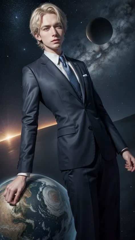 Astrophysicist utopian and perfect character on a background showing the universe. This character must have straight hair, be white, blue eyes and be wearing a suit and must be a man and have a little short hair.  
in various poses