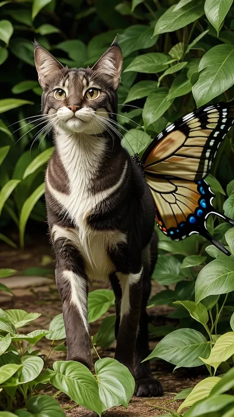 Whiskers, with an expression of sheer wonder on his face, gracefully follows the butterfly as it leads him deeper into the lush foliage of the garden. His tail sways with excitement as he pursues the elusive insect.