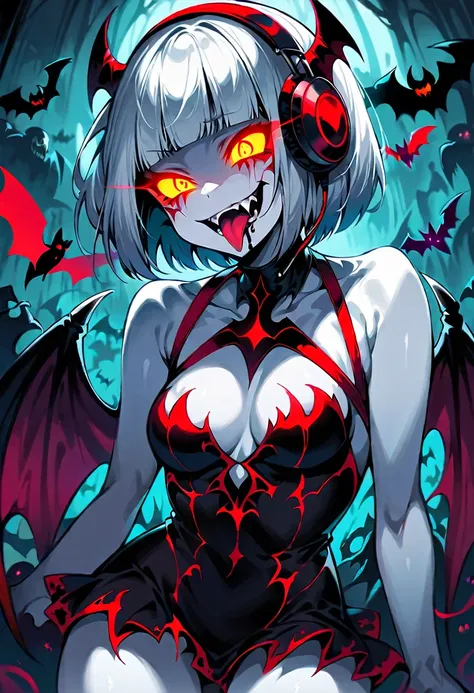 (extremely detailed fine touch:1.3), (2D:1.3), devil girl, (super very silver short hair:1.3), blunt bangs, (yellow glasses:1.3), underrim, headphones, devils wings, white skin, Tsurime Eyes, (glowing eyes:1.4), evil smile, (fangs:1.2), tongue out, droolin...