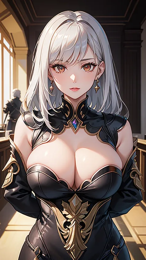 1 Private Wife，alone，long hair，Huge Breasts，Golden Eyes，Sexy，Short silver hair，Mature female，widow，(masterpiece: 1.0，(the best_quality: 1.0)，silence，Black Armor，Fantasy World，Calm down，Inside the Palace，In a meeting，Upper body close-up，lipstick，During the ...