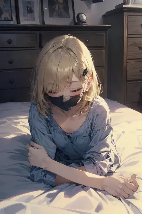 at night，(white mask)，(white mouth mask:1.5)，(closed eyes), (lie on bed:1.5)，Highest quality, Anime Moe Art Style,Best Anime 8K Konachan Wallpaper，Perfect Anatomy, (One Girl:1.5), (alone,13 years old:1.8),high school student, short hair, (Straight hair:1.6...