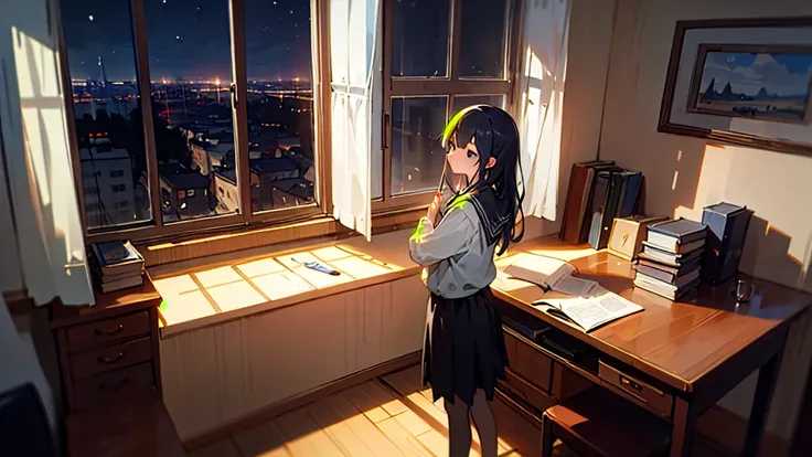 (masterpiece, Highest quality),A girl studying in her room、Depressed expression、Study room with window、night、It&#39;s raining a little、Calm atmosphere、profile