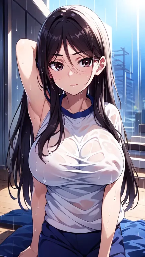 (Upper Body),alone,Medium Shot,18-year-old,(Soil ground,Outdoor:1.4),(masterpiece:1.4),anime,Portraiture, 8K,Realistic, 18-year-old,Elegant mature woman, Brown eyes, (Black Hair:1.4), smile,Big Breasts,(Gym clothes with short sleeves:1.4),(Transparent whit...