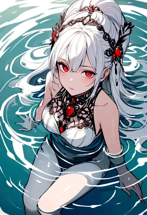 Woman with long white hair, red eyes, soaking in water