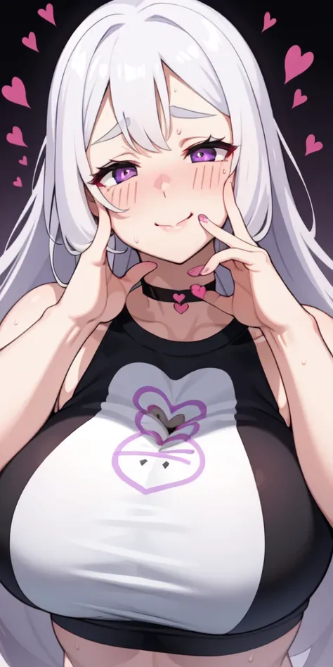 1girl,heart-shaped pupils,fingernails,hands on own face,white hair,purple eyes,(blush:1.1),choker,upper body,trembling,sweat,sweatdrop,heart,(speed lines:1.1),medium breasts, ((heavy breathing:1.3)), love, heart, crop top, happy, smile