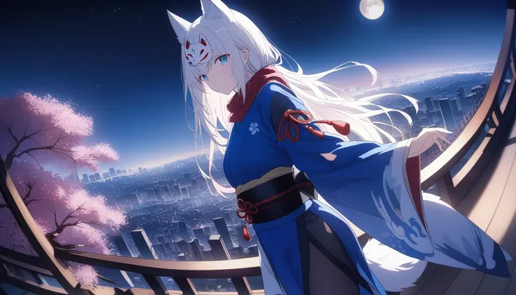 a magnificent view of the city from the treetopasterpiece, best quality:1.2), 1girl, 独奏,wolf girl, fox mask, ninja, girl, long w...