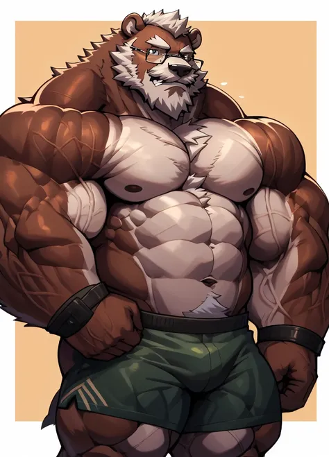 solo, 1boy, Huge Muscular Old Grizzly Bear wearing glasses , pectoral, huge pectoral, wide pectoral, short white hair, short pants, black wristbands and shirtless and topless , bearded, Mustache, simple background, masterpiece, high detailed, 8k, high reso...