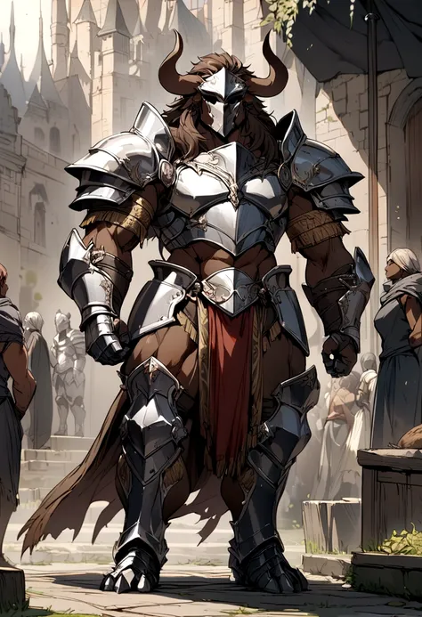 The full body of a dark-skinned minotaur girl,with knight armor