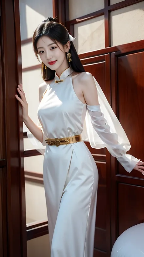 Elegant and intellectual classical Chinese women, Wear a belly belt, Standing at the door，With a smile on your face, Her skin is brighter than snow, Her eyes are like a pool of clear water. Light book scent.