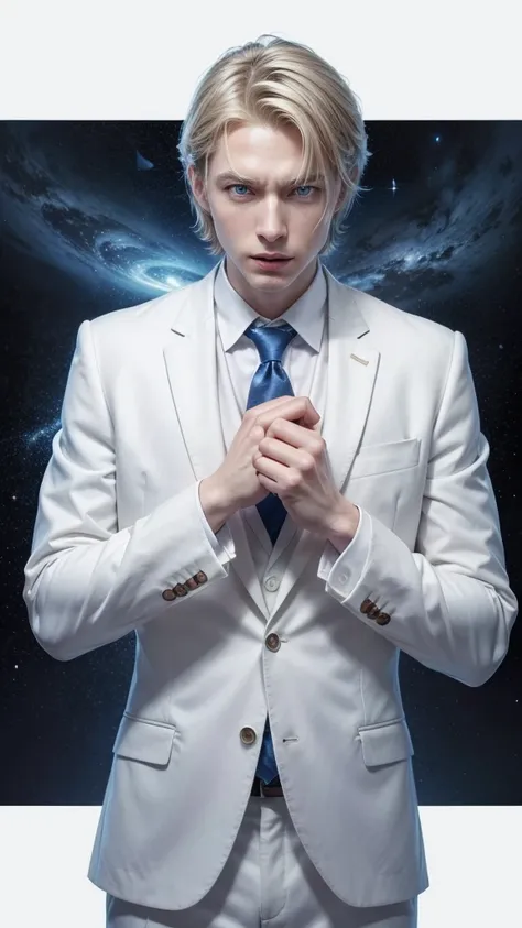 Astrophysicist utopian and perfect character on a white background. This character must have straight hair, be white, blue eyes and be wearing a suit and must be a man and have a little short hair.  
In different "poses" using hands to express lines, confu...