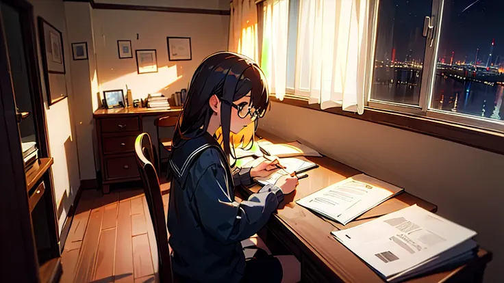 (8K, Masterpiece, Highest quality),A girl studying in her room、Glasses、Writing、Study room with window、night、It&#39;s raining a little、Calm atmosphere、profile、extremely detailed