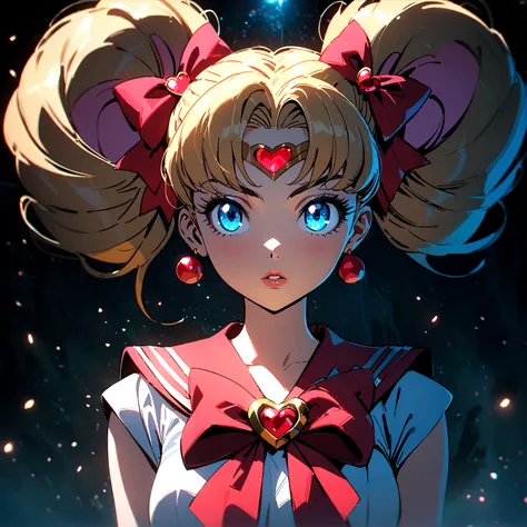 1sologirl sailor moon, bishoujo senshi sailor moon, extremely detailed face, beautiful eyes, long eyelashes, detailed lips, detailed hair, anime style, magical girl, meatball hairstyle, sailor collar, detailed bow, fluorescent lighting, vivid colors, glowi...