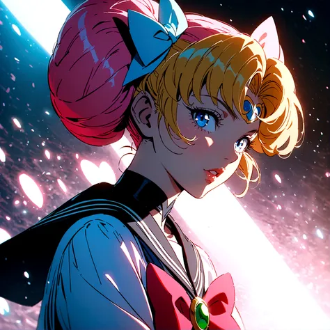 1sologirl sailor moon, bishoujo senshi sailor moon, extremely detailed face, beautiful eyes, long eyelashes, detailed lips, detailed hair, anime style, magical girl, meatball hairstyle, sailor collar, detailed bow, fluorescent lighting, vivid colors, glowi...