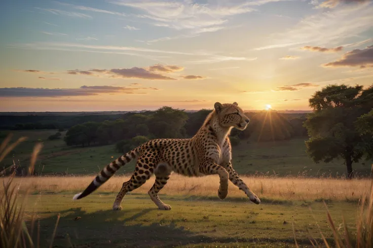 (best quality,4k,8k,highres,masterpiece:1.2),ultra-detailed,(realistic,photorealistic,photo-realistic:1.37),cheetah,muscular defined body,sharp intense eyes,running across grassland,sunset rays,high-speed motion blur,wildlife photography,rich details,HD qu...