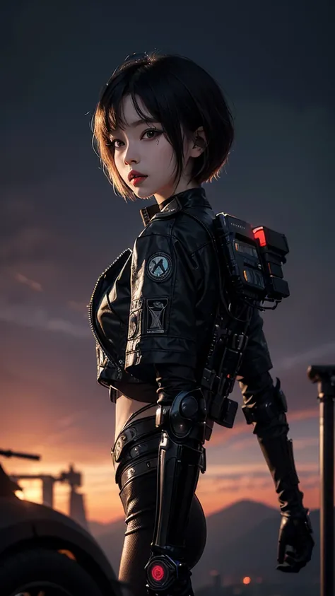 8K,beautiful,cyber punk,cyber punkな街並み,Charming girl at 18 years old,Baby Face,Bobcut,Long Shot,whole body,Composition from afar