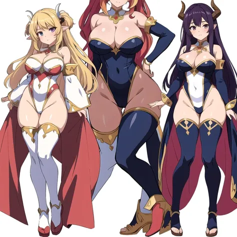 masterpiece, best quality, 2 girls, milf, variety of hairstyles, high fantasy costume, ((white background)), full body, multiple views, leotard, succubus, dragon horn, detached sleeves, anime style,