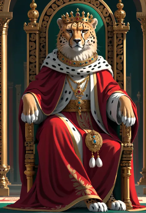 (masterpiece), Cheetah Emperor, crown, robe, Sitting on the throne, Serious expression, 8K, Intricate details, (Digital Artwork)