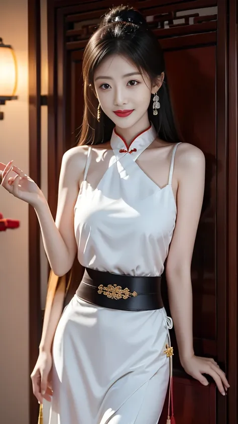 elegant and intellectual classical chinese women, wear a belly belt, standing at the door，with a smile on your face, her skin is...