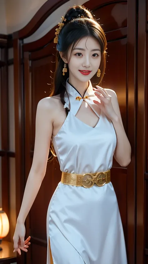 elegant and intellectual classical chinese women, wear a belly belt, standing at the door，with a smile on your face, her skin is...