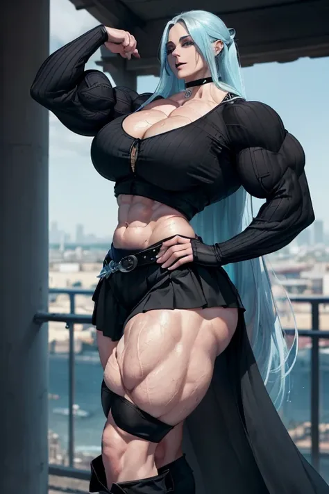 ((((Massive tall, beautiful, buff, sweating, l pale white skinned muscular woman withcyan hair, black lipstick, ginormous bulky muscles and wearing a beautiful black long-sleeved blouse with a beautiful long pleated skirt)))), (close view), massive muscle,...