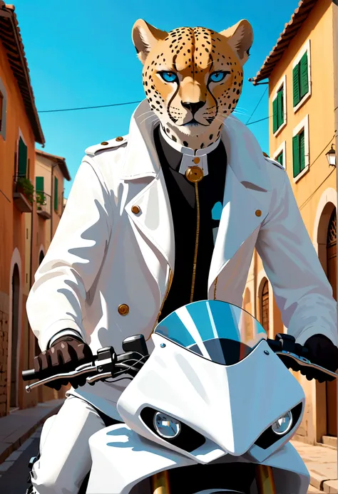 A cheetah man in a white jacket, Riding a motorcycle, Italian town, 4D anime style, Blue eyes tall anime face, !