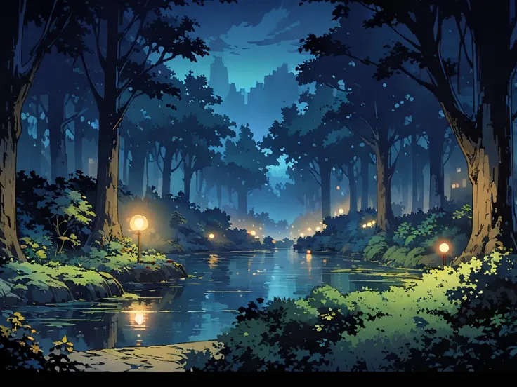 forest，forest被神秘的微光笼罩，forest有一个湖，There are only bushes and trees around the lake.，night，Night view。Mid-ground composition，Panorama pictures，Scene screen，Game concept art style，Anime illustration style，HD，4K。