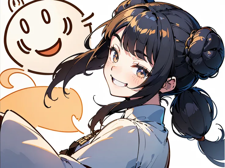 21 years old, Black-haired girl, (((Smiley Face, Flirting face, Excited face, Excited face, Scared face, Confused face))) ((Bun hairstyle)) (((Detailed character list, Front view, side view, Three-quarter view))) (((White background)))