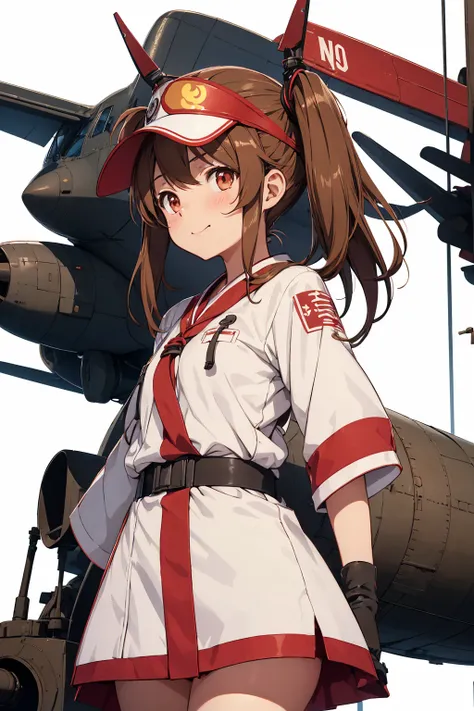 1 girl, ryuujou (kancolle), standing alone, chestnut hair, twintails, eyes browns, visor cap, magatama, gaping mouth, aircraft, ssmile, plane, White background, Japanese clothing, simple background, your post, trunk, long hair