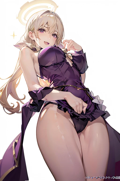 1 girl in, purple color  hair、Purplish pink eyes that dreamers desire, (Blonde hair) , small stature, Colossal tits, Lori, (masutepiece:1.2, Best Quality), (finely detailed beautiful eye: 1.2), (beautifull detailed face), (perky chest:1.1), (pointed chest:...