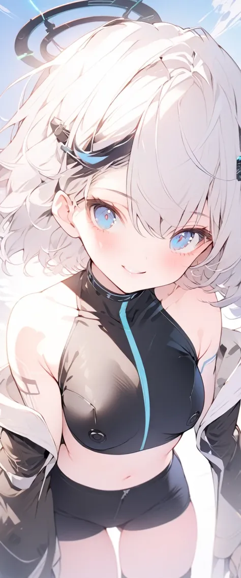 beautiful, masterpiece, Highest quality, anime, One girl, C Cup,Portrait Shot, View your viewers, Covered、Short Hair、nearby、Blue Eyes、art、、White hair,Blue streaked hair、wallpaper、hairpin、Cute smile、Thighs、navel、Sci-fi hair accessories、Sci-fi knee-high boot...