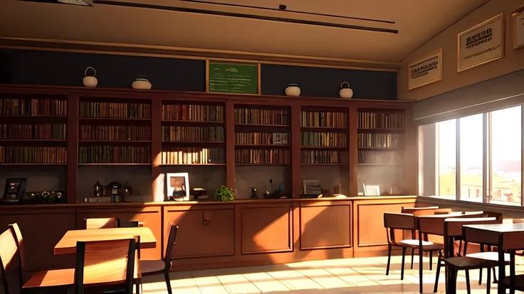 "The morning sun shines gently into the corner of the café. On a wooden table sits a steaming cup of coffee and a fresh croissant. In the background are lush plants, bookshelves, and relaxing jazz music. Through the windows of the café, one can feel the vi...