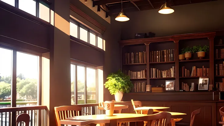 "The morning sun shines gently into the corner of the café. On a wooden table sits a steaming cup of coffee and a fresh croissant. In the background are lush plants, bookshelves, and relaxing jazz music. Through the windows of the café, one can feel the vi...