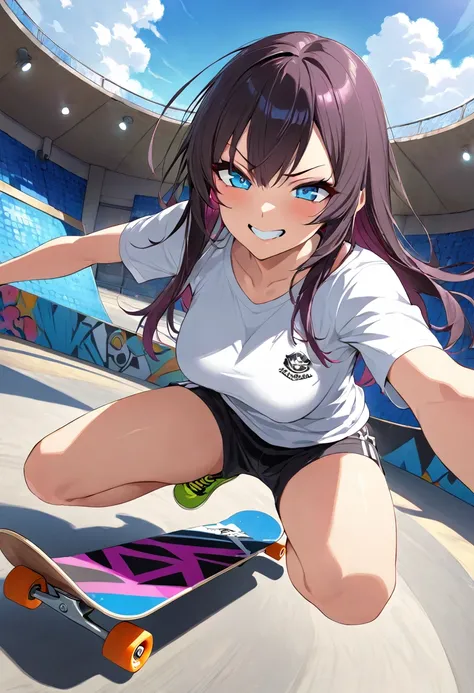 high quality,HD,16k,sharp lines,1 girl, female skateboard athlete ,cute face, detailed eyes, medium breasts, nice legs, at the skateboard venue, focus girl, detailed beautiful face, detailed clothes, beautiful eyes, smug, dynamic angle