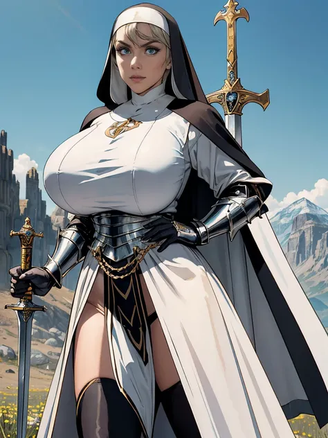 (masterpiece, top quality, best quality, official art, beautiful and aesthetic:1.2), (1girl:1.3), ((Sharp facial features, sharp features, hawkish features)), ((blue eyes)), busty brunette paladin knight girl, extremely detailed, portrait, looking at viewe...