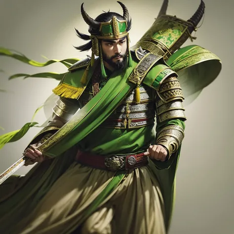 full-length portrait of chinese liu bei. his appearance is goat's beard, soft and charismatic. his topknot and light green armor...