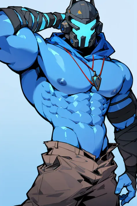 male robot humanoid, blue skin, shirtless, pecs, abs, navel, pants, necklace, (helmet:1.7), hooded, dark scenery