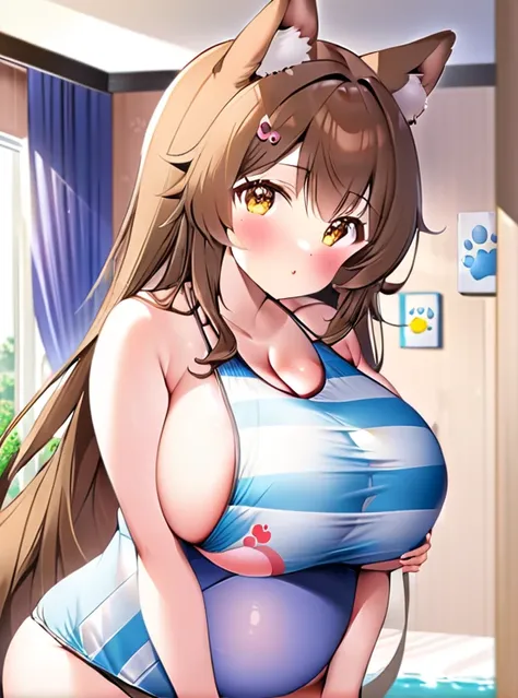 Dog girl,Dog ears,Pregnant women,Pregnant belly,Swimwear,Big Breasts,Brown Hair,Long Hair