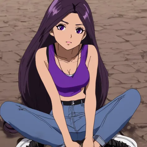 anime girl sitting on ground, 1girl, solo, gyaru, shape eyes, small breast, dark-skinned, long hair, straight hair, dark purple ...