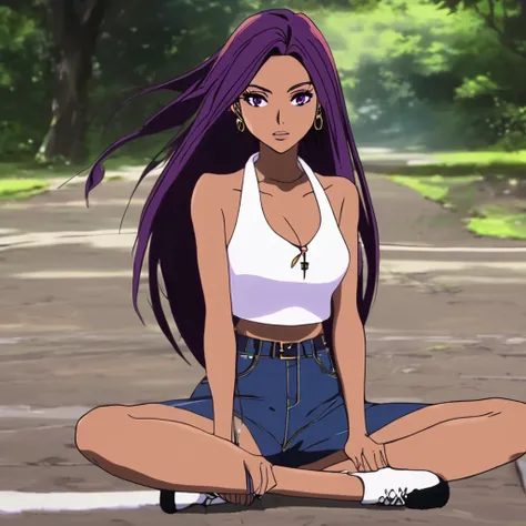 anime girl sitting on ground, 1girl, solo, gyaru, shape eyes, small breast, dark-skinned, long hair, straight hair, dark purple ...