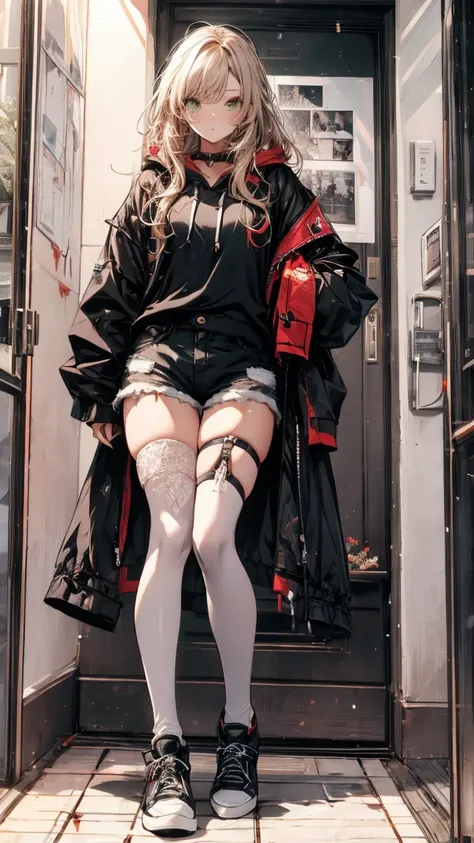 A woman with long blonde hair that has red streaks, green eyes, light skin, freckled cheeks and wears a white blouse, black hoodie and shorts, white stockings, white thigh straps, and black shoes