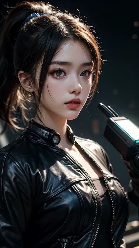 8K,beautiful,cyber punk,cyber punkな街並み,Charming girl at 18 years old,Baby Face,ponytail,Long Shot,whole body,Composition from afar