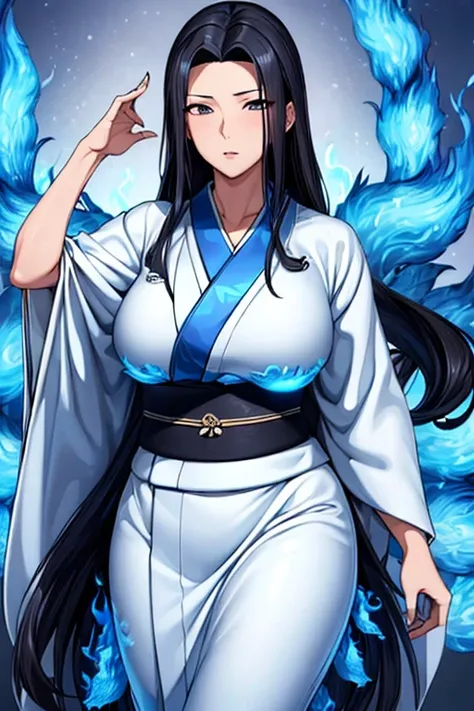 (masterpiece, high quality, lifelike, Ultra realistic, Remarkably high quality, photorealistic:1.5), Anime Woman Tsubaki Miyajima with (((((Black Long Hair wearing a White Kimono with Blue fire design on the Kimono))))) minimalist logo design bright colors...