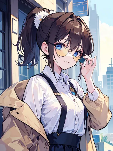 (best quality、masterpiece:1.2) (((1 girl))) flat chest ((Punty ornaments)) short hair、blue eyes、Brown hair ((sunglasses)) (vulgar smile) jacket、Ponytail、White shirt